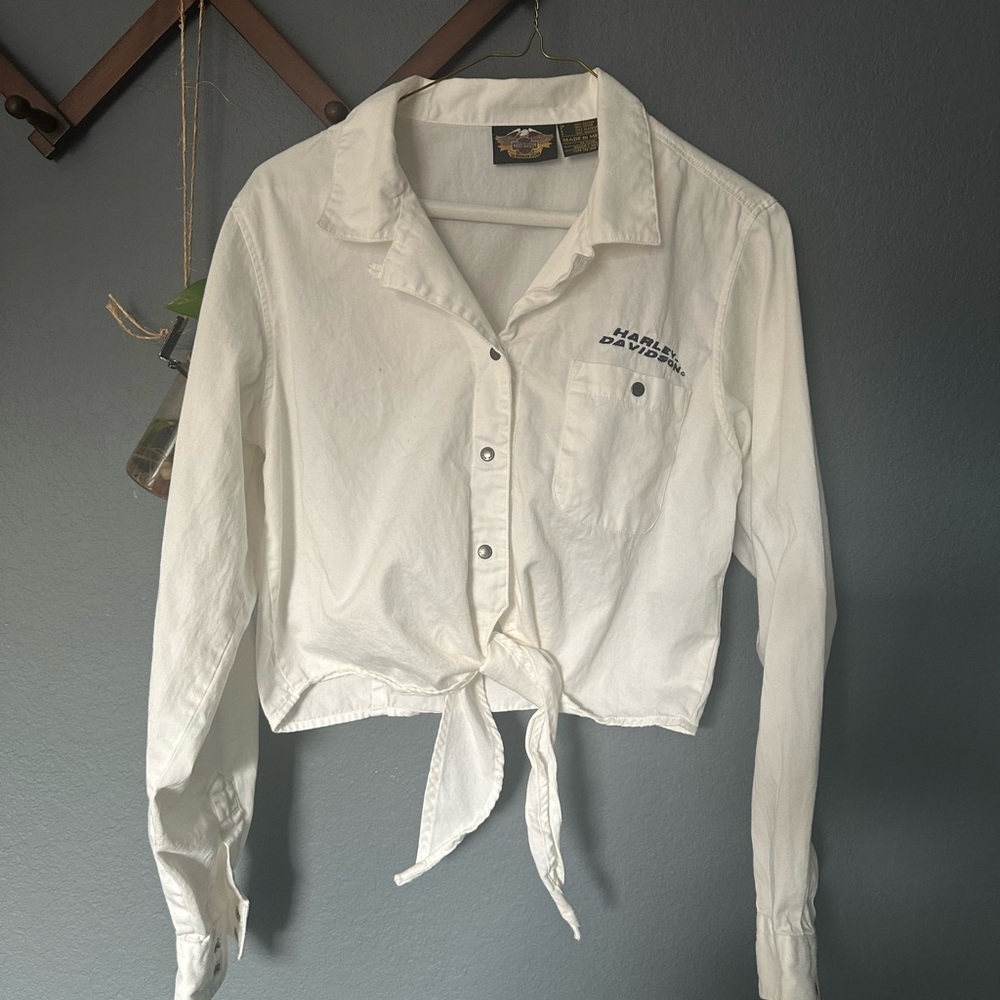 Harley-Davidson Women's White Button Down‎ Shirt Embroidered Tie Front Size M